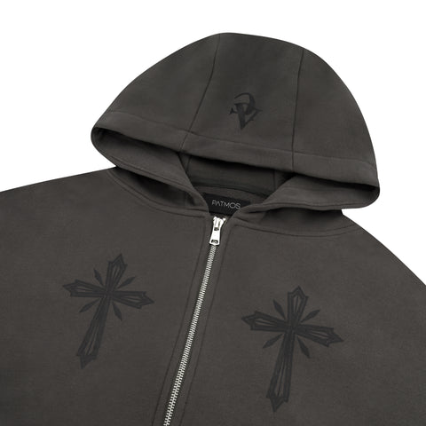 Double Cross Zippered Hoodie in Charcoal